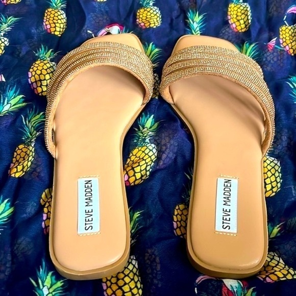 Brand New Steve Madden Rhinestone Multi-Strap Slip-On Sandals Bling Bronze Slide - Picture 11 of 15